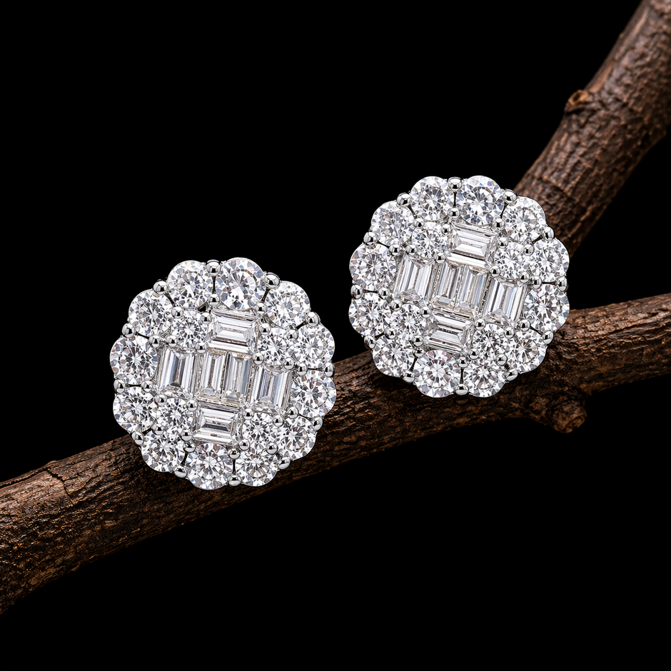 Baguette Cluster Floral Halo Studs