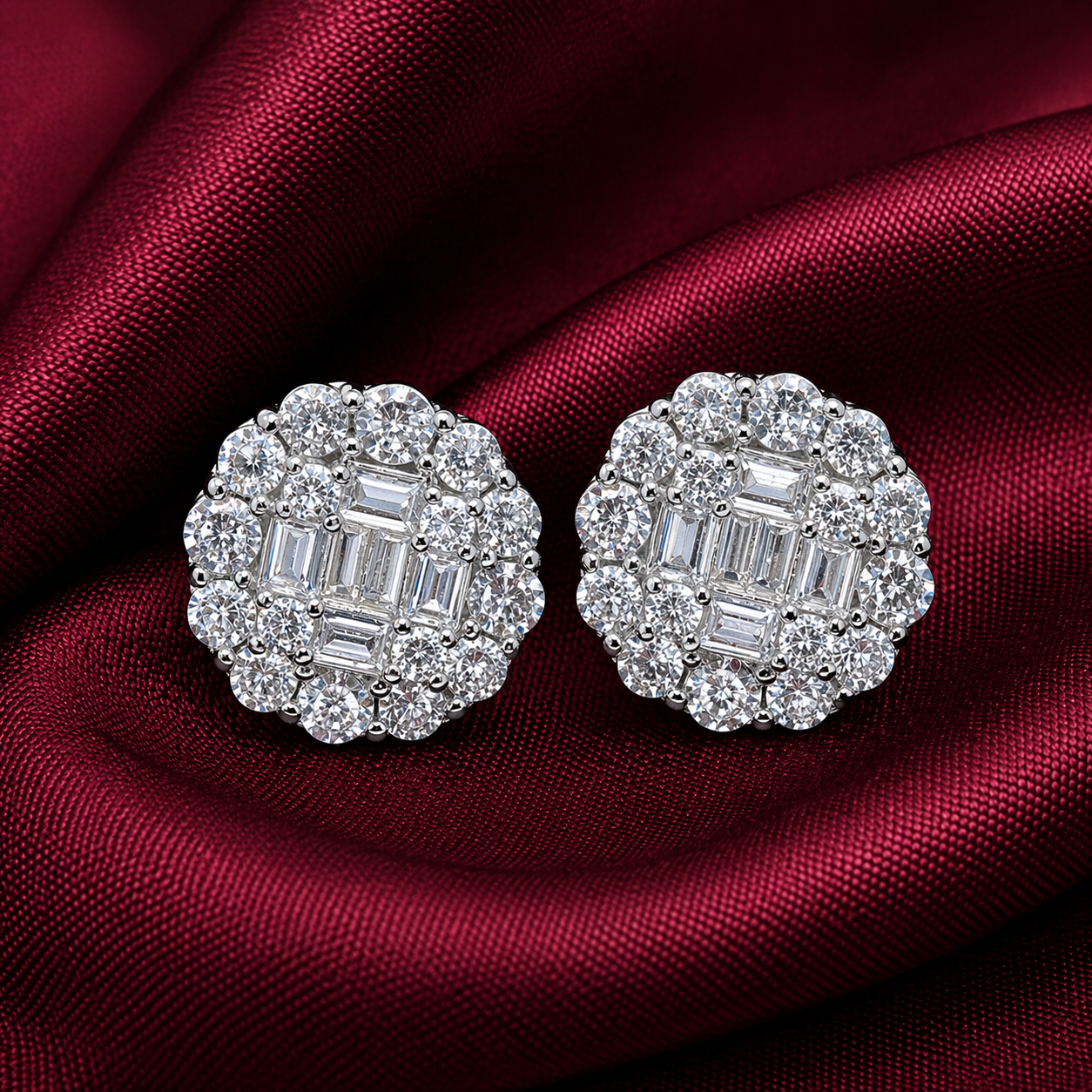 Baguette Cluster Floral Halo Studs