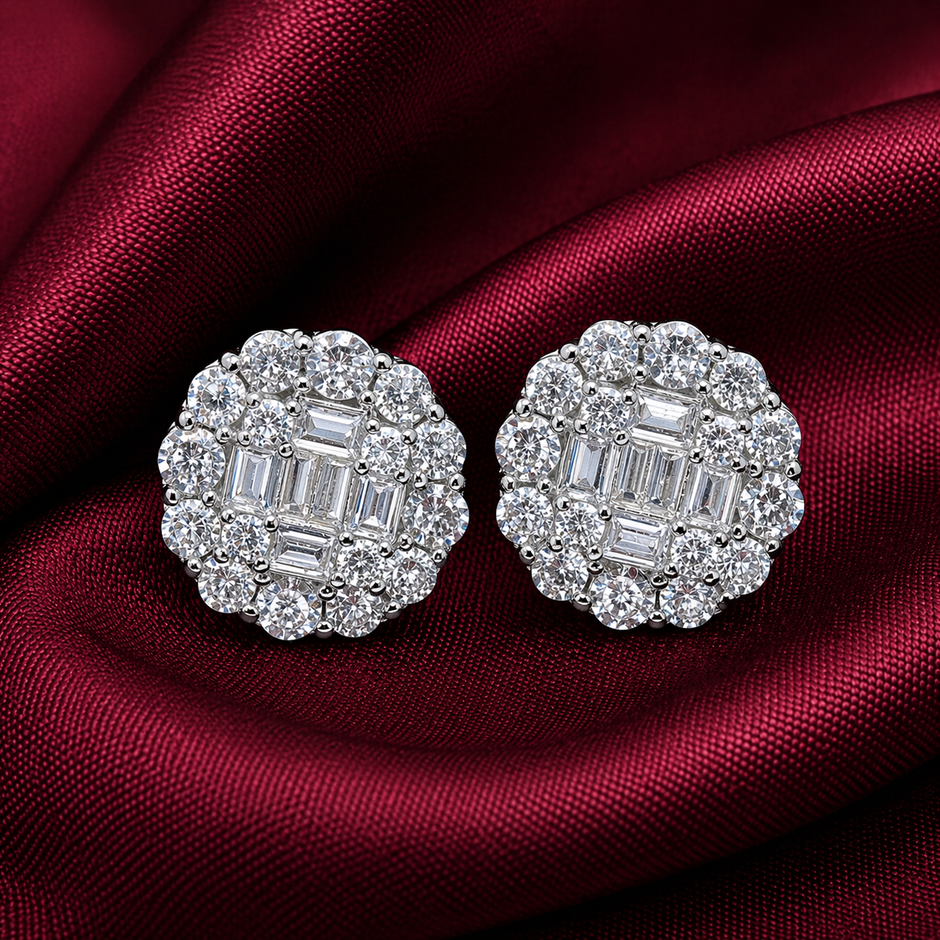 Baguette Cluster Floral Halo Studs