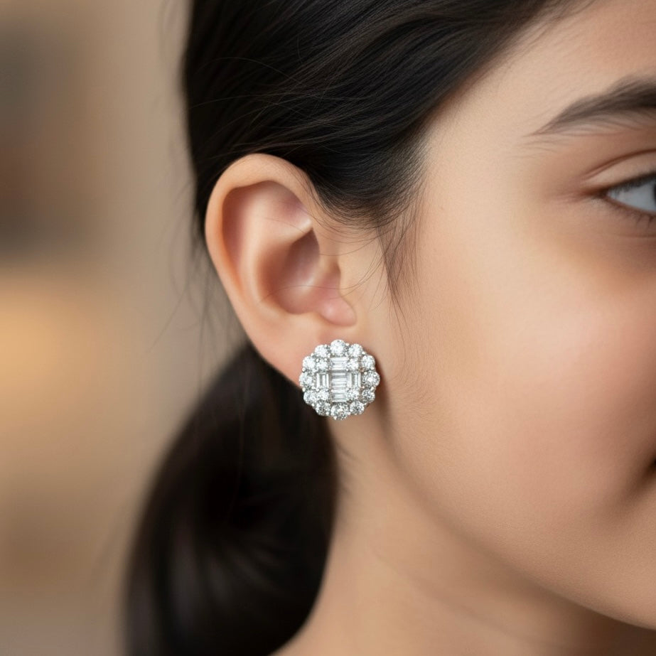 Baguette Cluster Floral Halo Studs
