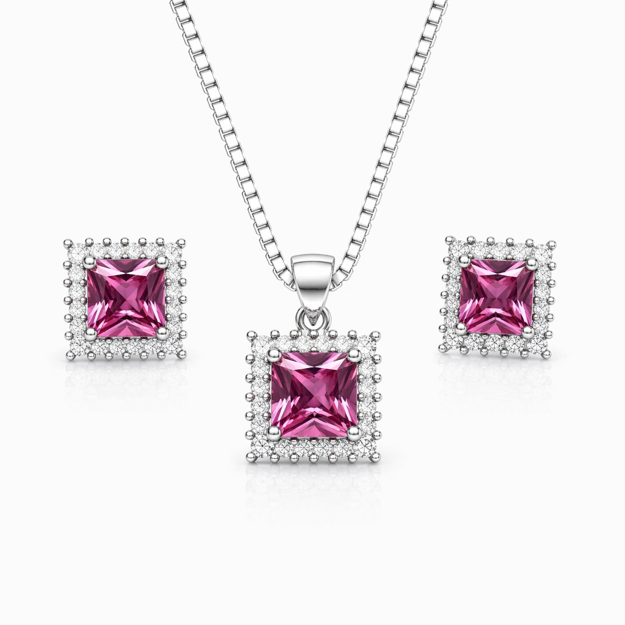 Ruby Tone Princess Cut Halo Pendant Set with Chain and Earrings