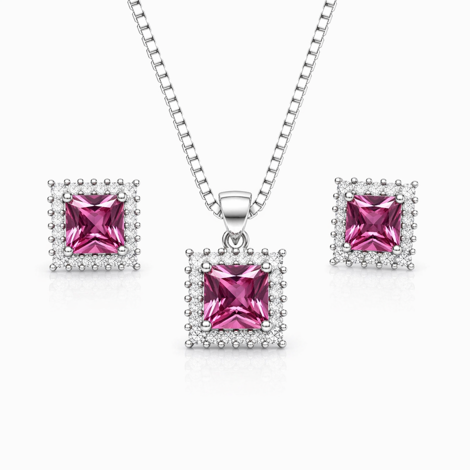 Ruby Tone Princess Cut Halo Pendant Set with Chain and Earrings