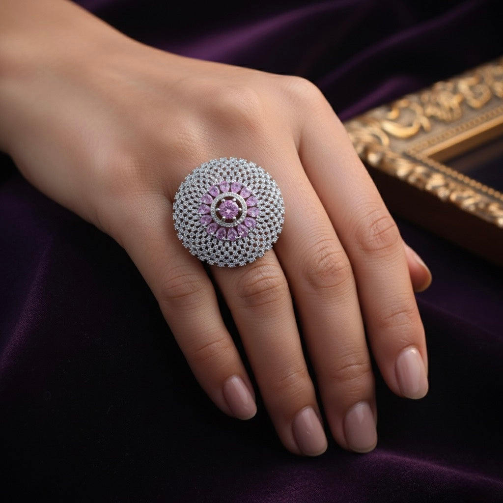 Silver Pink Dome Cocktail Ring