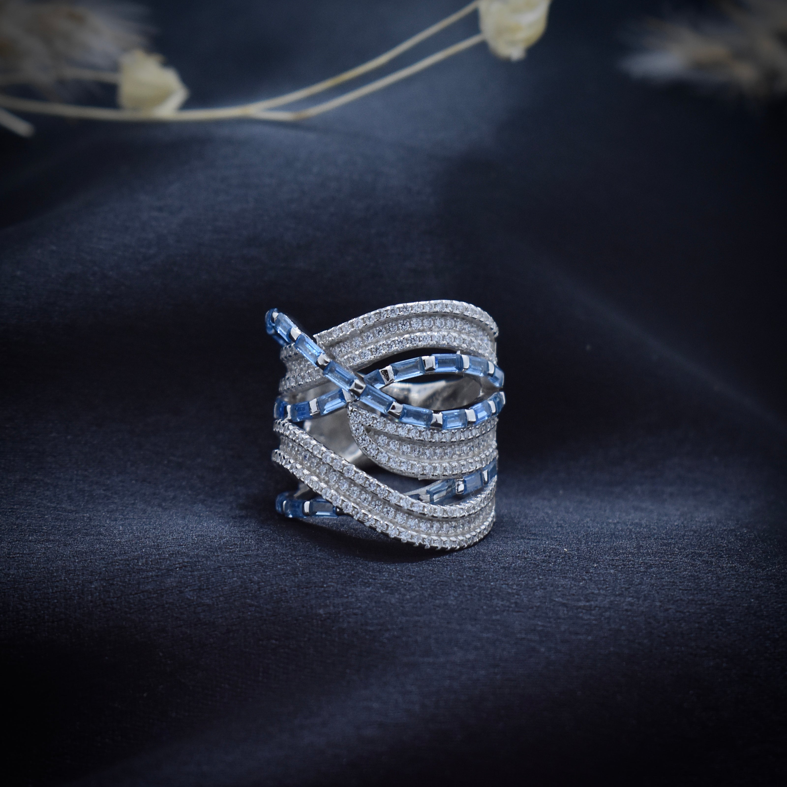 Blue Baguette Criss-Cross Statement Ring