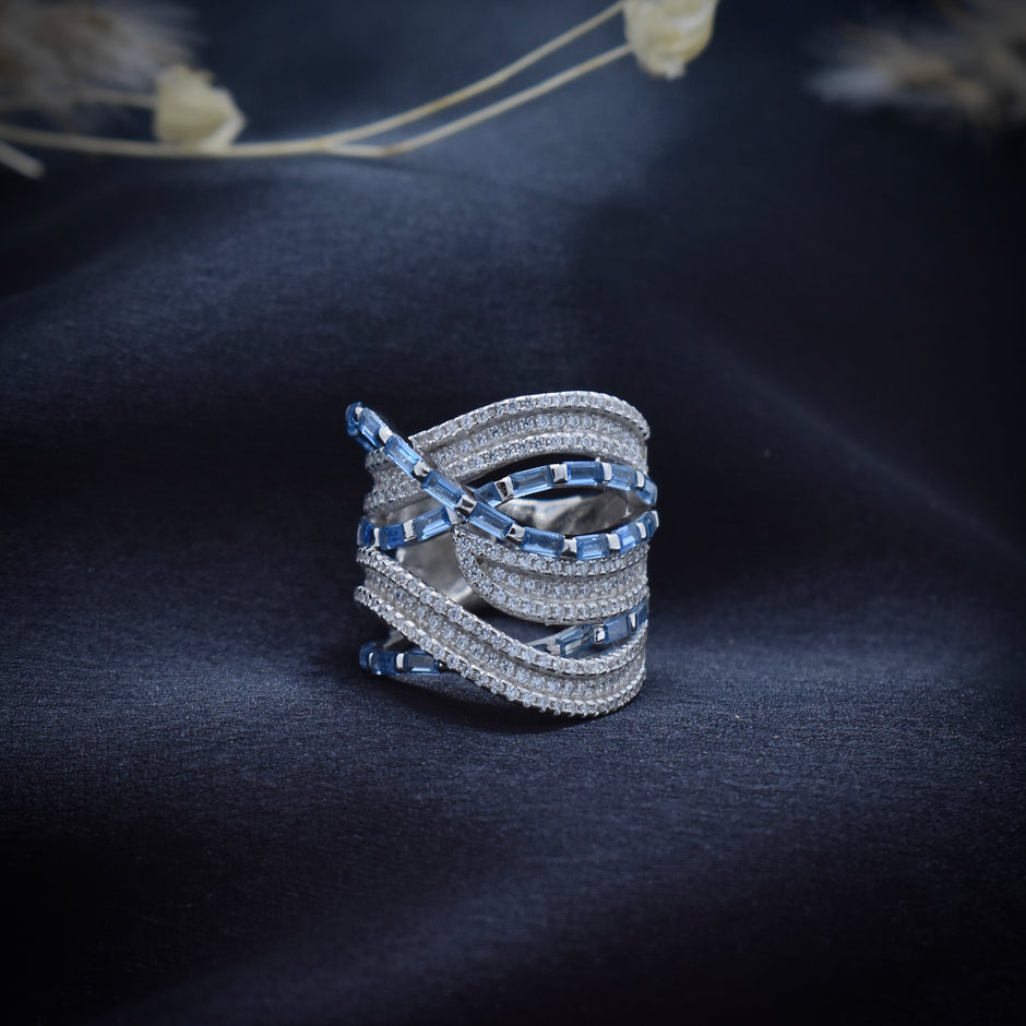 Blue Baguette Criss-Cross Statement Ring