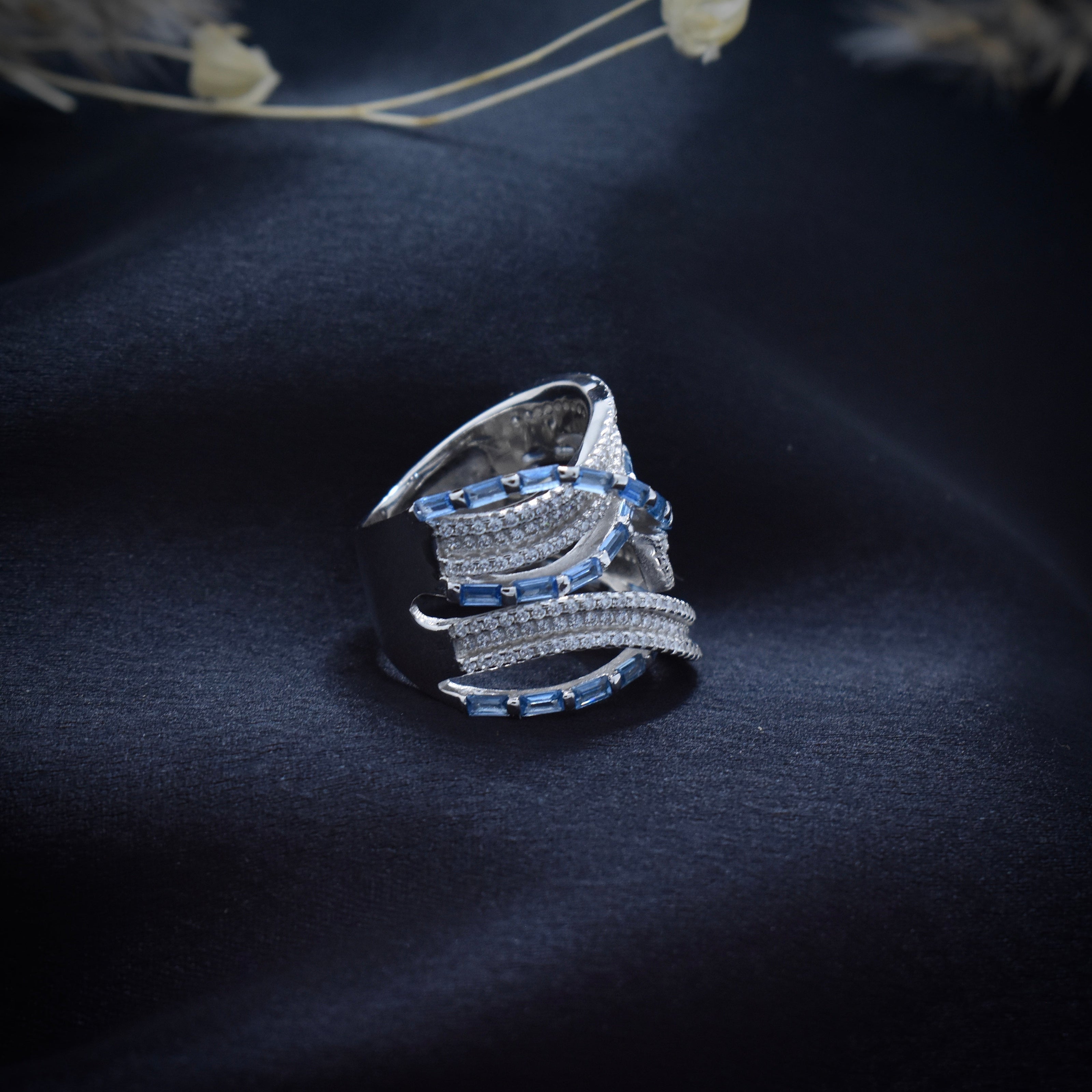 Luxury Blue Baguette Wrap Silver Ring