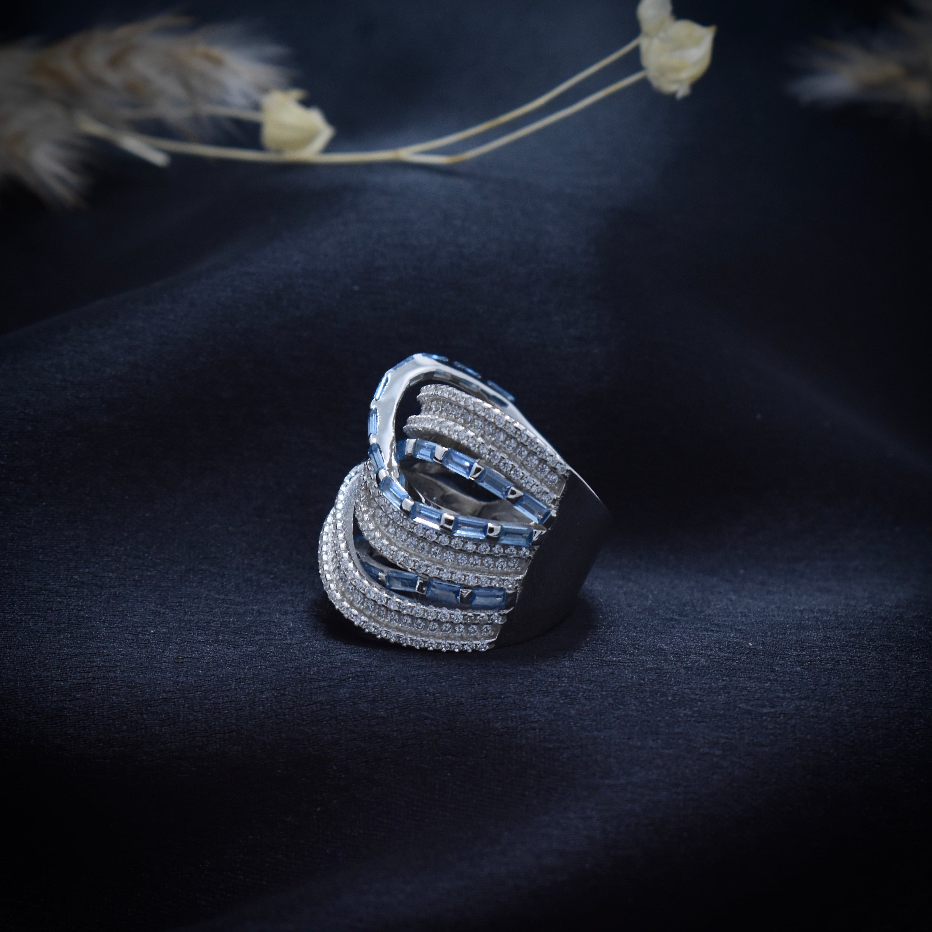 Luxury Blue Baguette Wrap Silver Ring