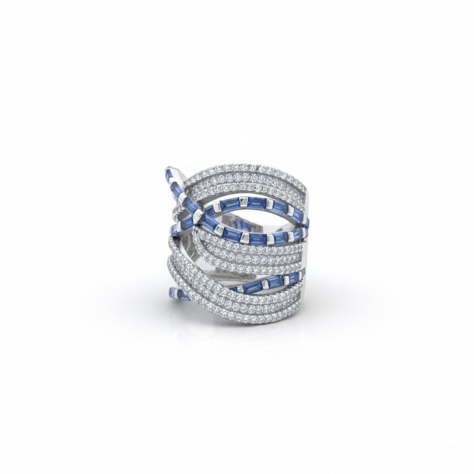 Luxury Blue Baguette Wrap Silver Ring