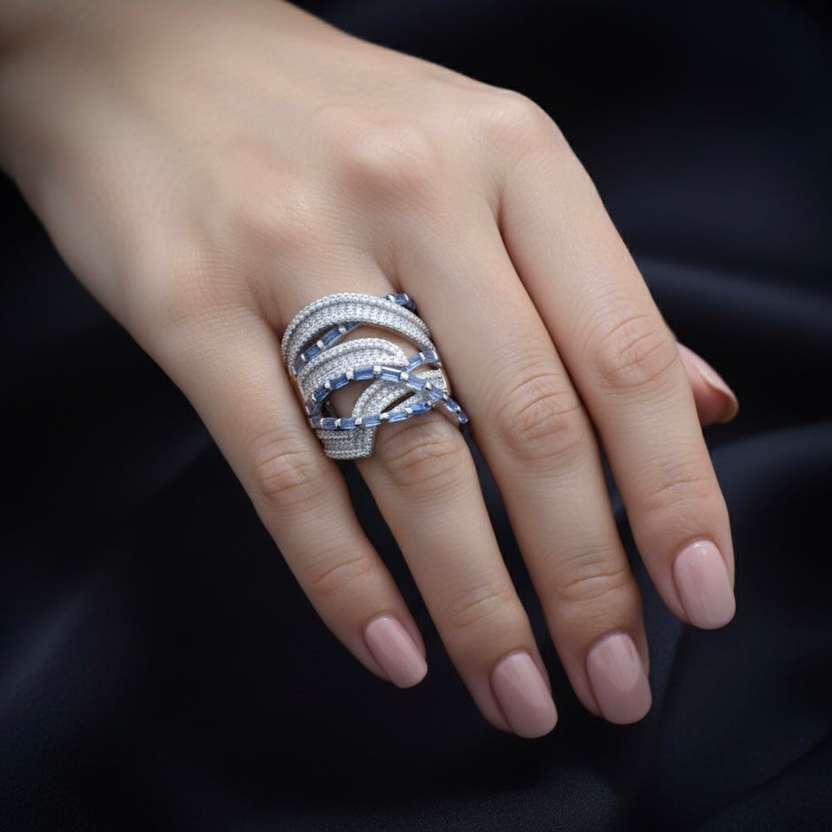 Blue Baguette Criss-Cross Statement Ring