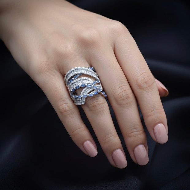 Luxury Blue Baguette Wrap Silver Ring