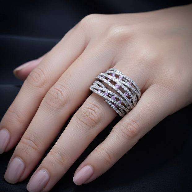 Pink Stone Multi-Layer Criss-Cross Statement Ring