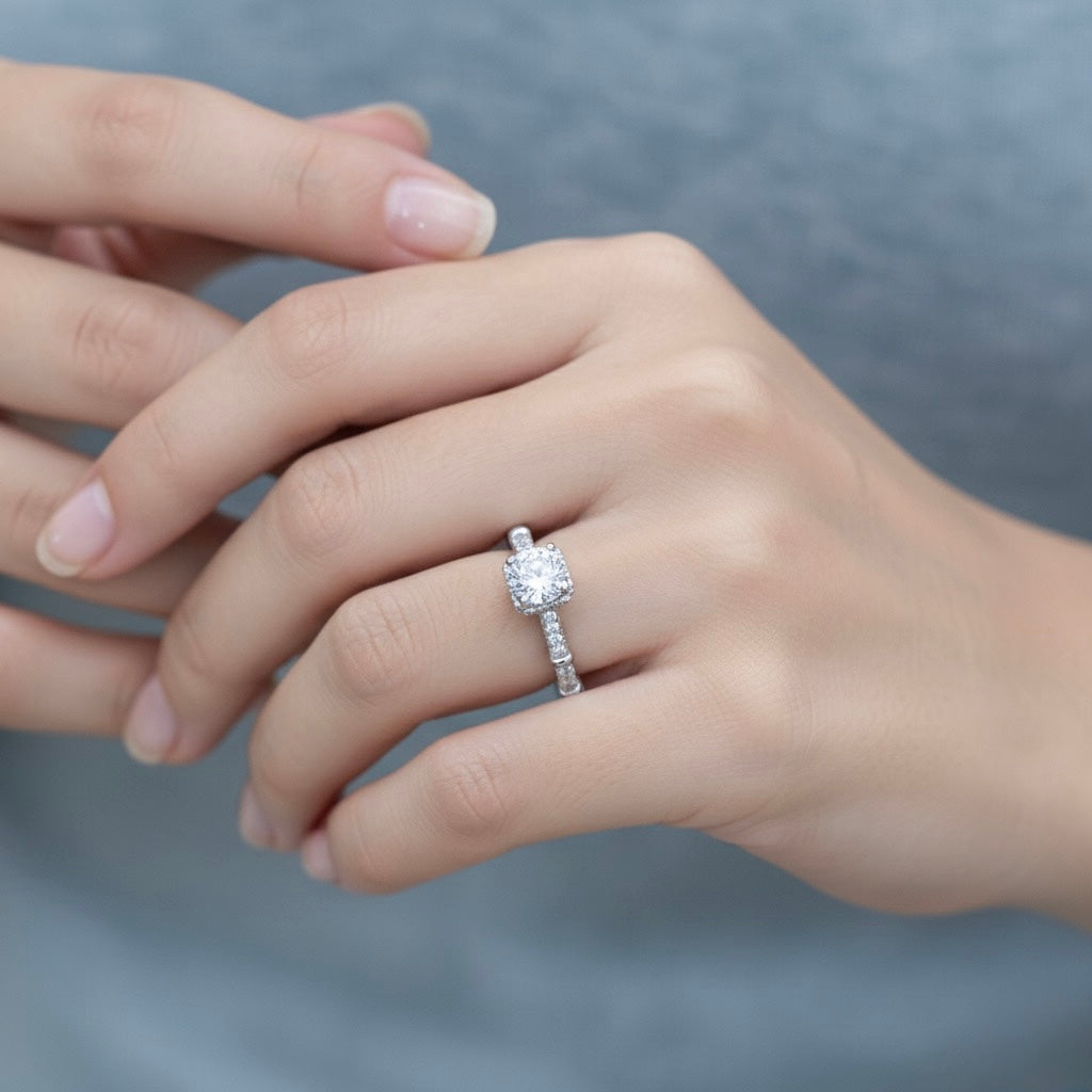 Cushion Halo Rope Band Silver Ring