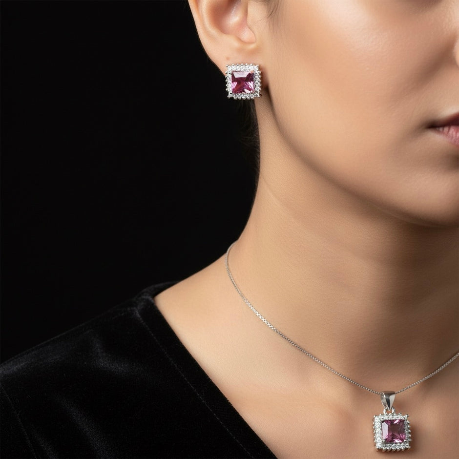 Ruby Tone Princess Cut Halo Pendant Set with Chain and Earrings