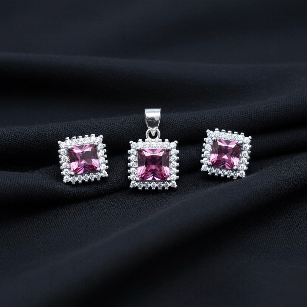 Ruby Tone Princess Cut Halo Pendant Set with Chain and Earrings