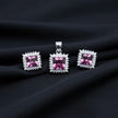 Ruby Tone Princess Cut Halo Pendant Set with Chain and Earrings