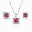 Ruby Tone Princess Cut Halo Pendant Set with Chain and Earrings