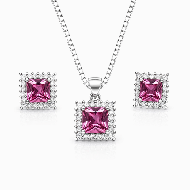 Ruby Tone Princess Cut Halo Pendant Set with Chain and Earrings