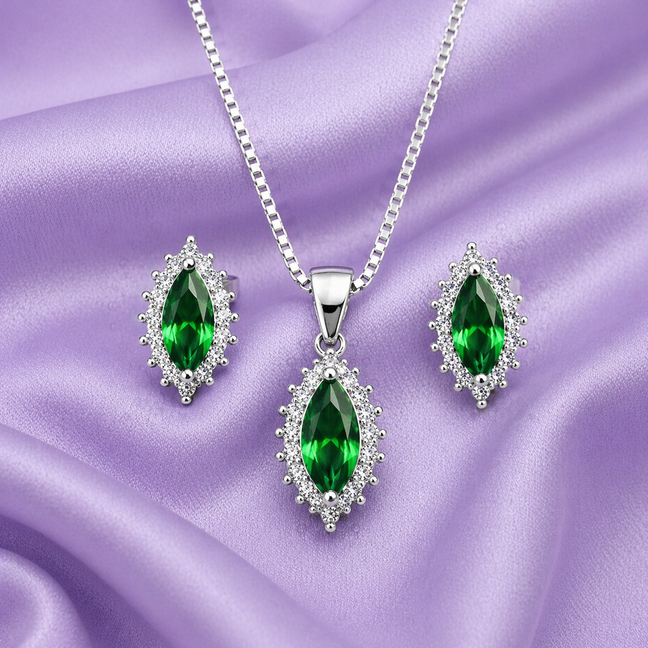 Emerald Look Halo Pendant Set with Chain and Earrings