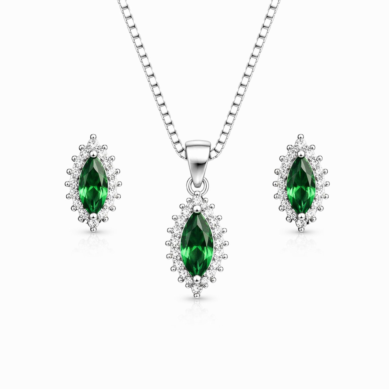 Emerald Look Halo Pendant Set with Chain and Earrings