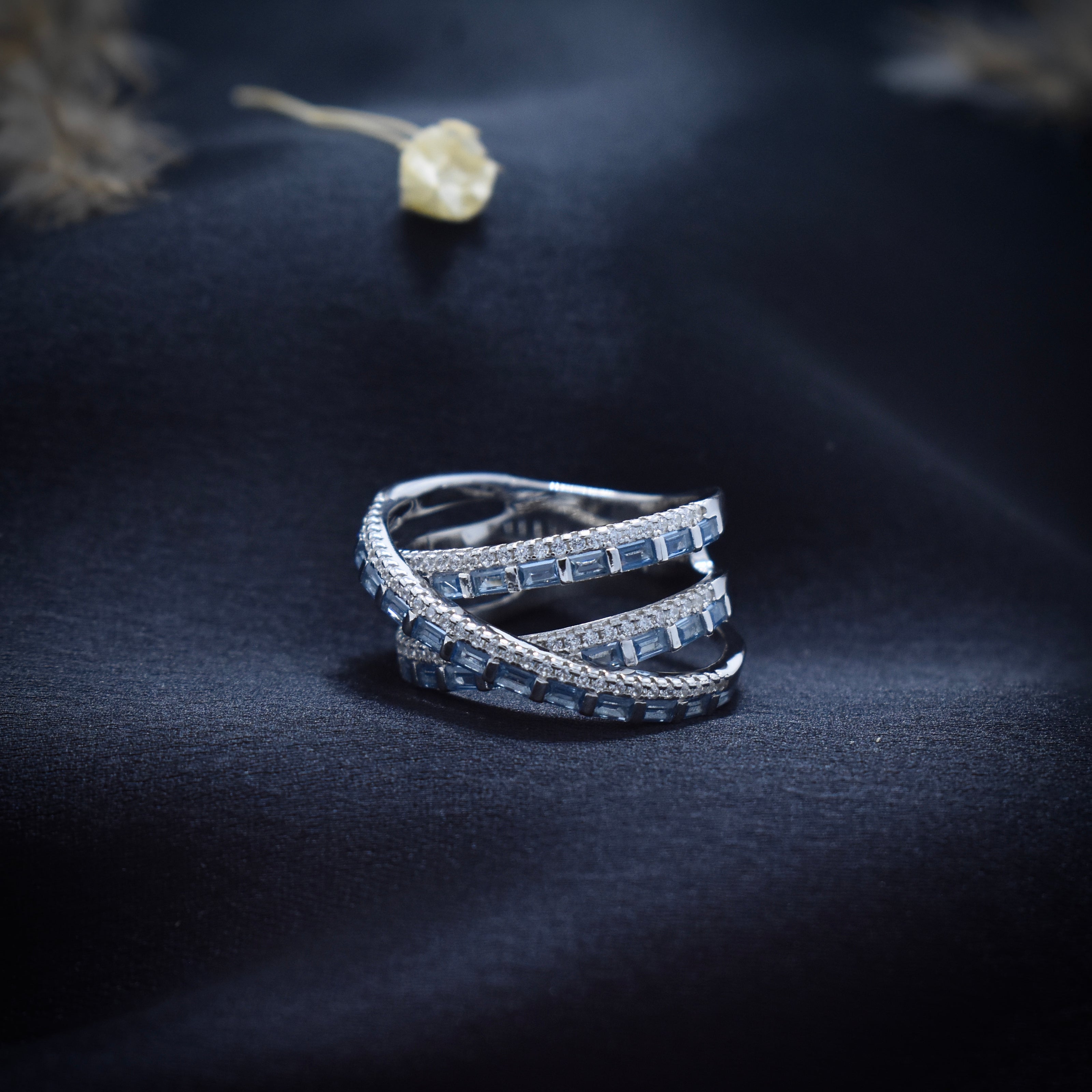 Multi-Row Crisscross Blue Baguette & Pavé Statement Ring