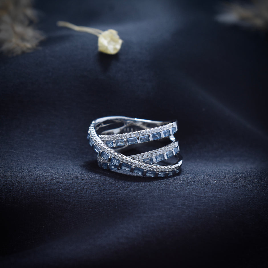 Multi-Row Crisscross Blue Baguette & Pavé Statement Ring