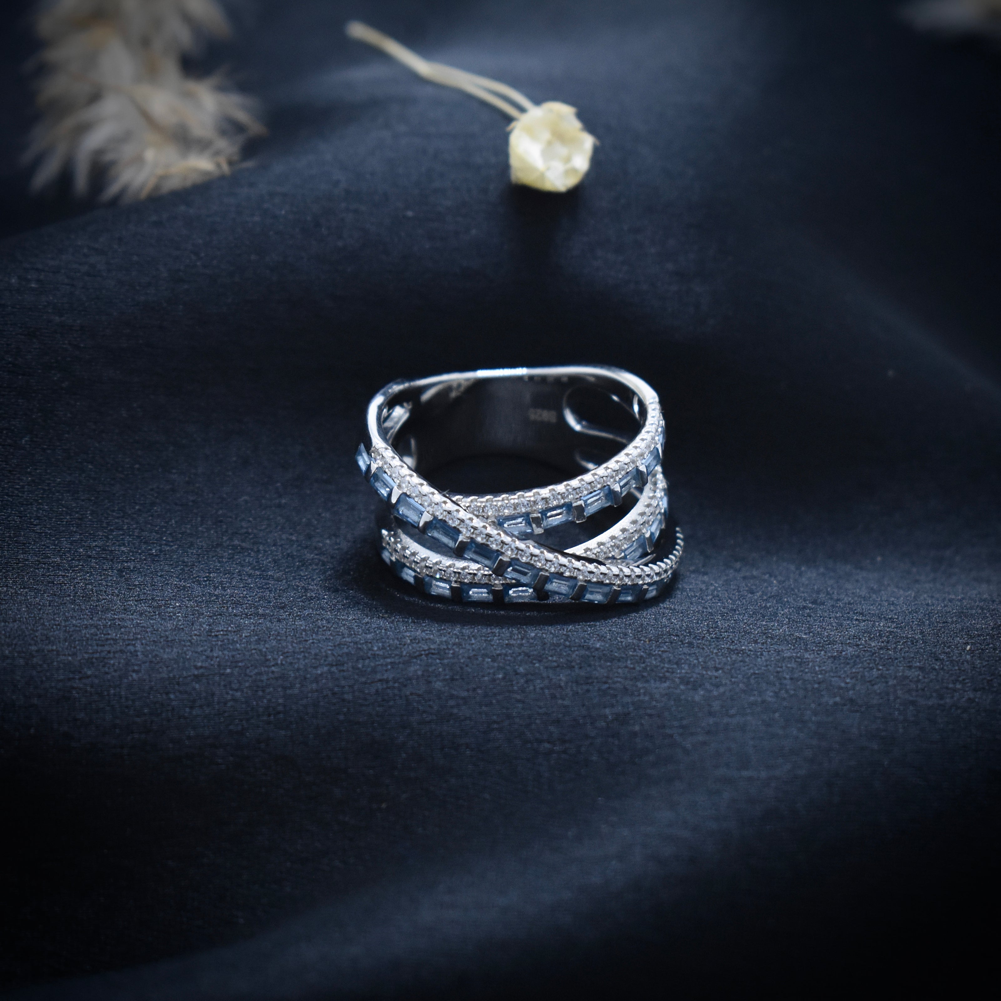 Multi-Row Crisscross Blue Baguette & Pavé Statement Ring