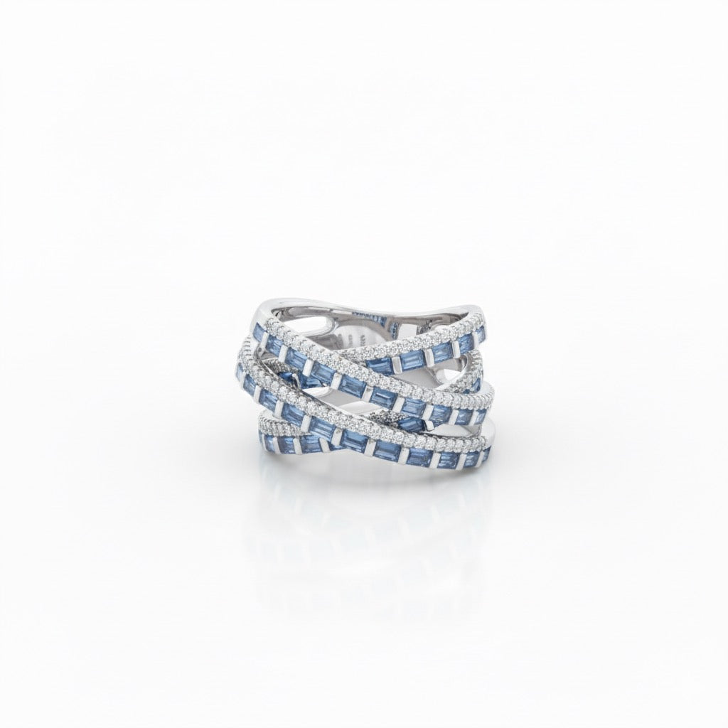 Multi-Row Crisscross Blue Baguette & Pavé Statement Ring