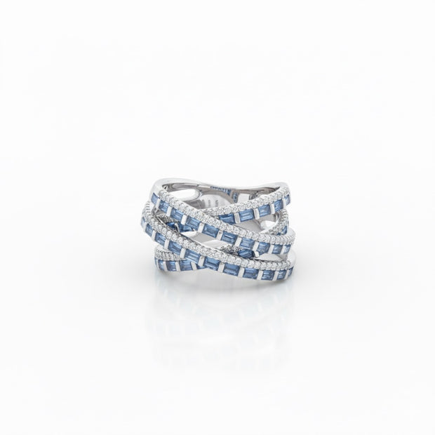 Multi-Row Crisscross Blue Baguette & Pavé Statement Ring
