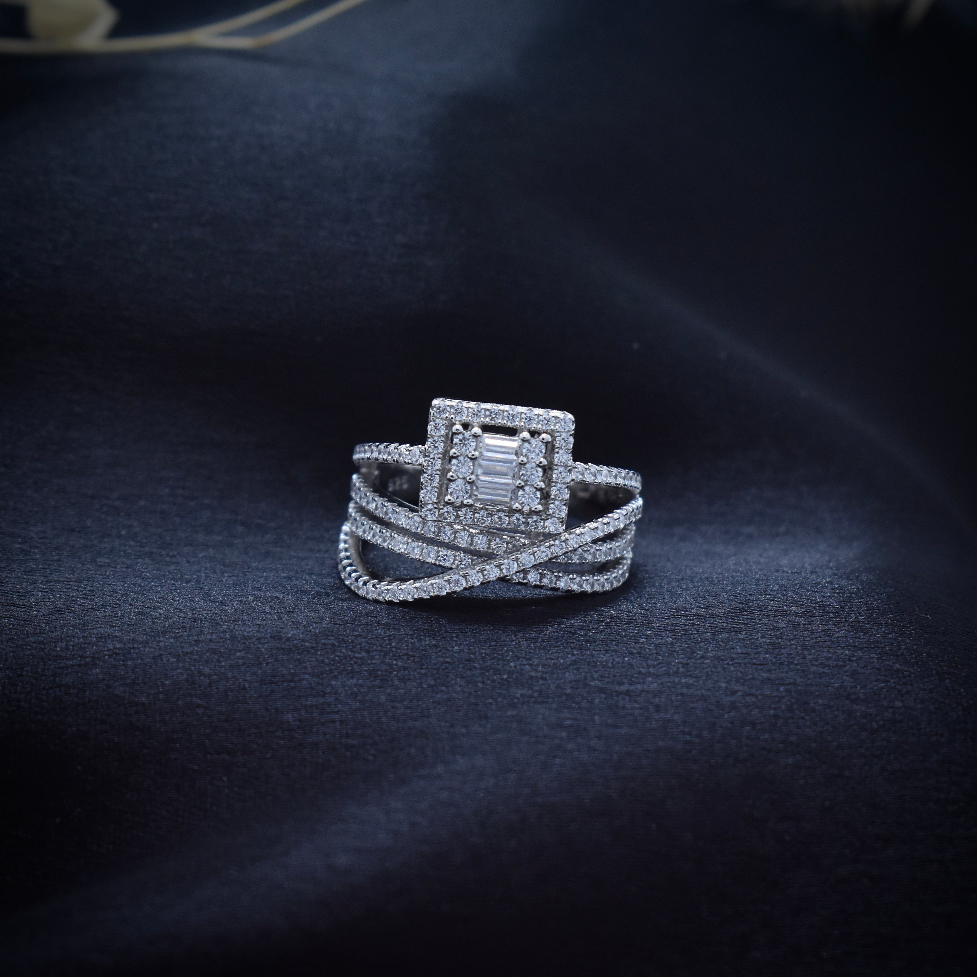 Square Halo Baguette Cluster Ring with Crisscross Pavé Band