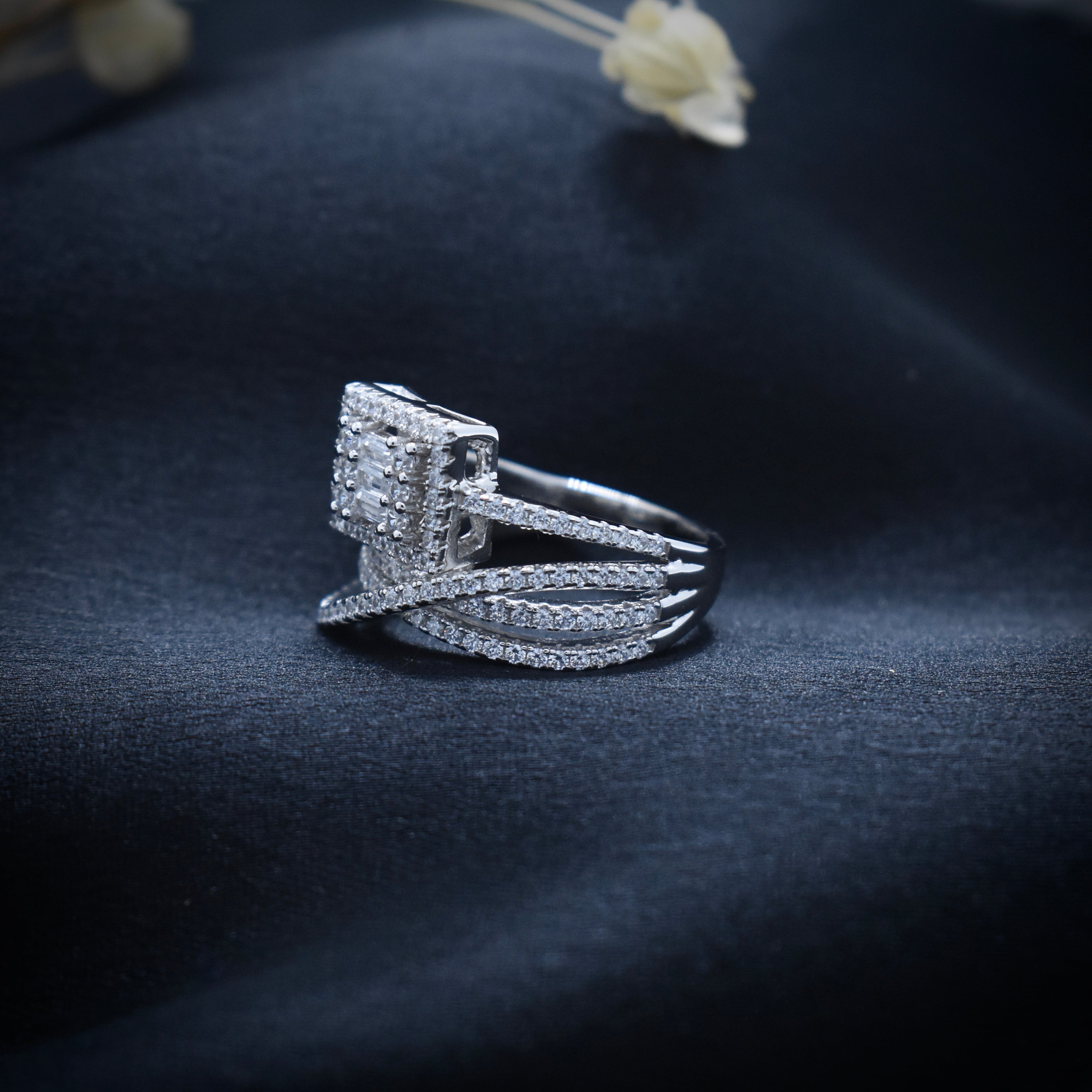 Square Halo Baguette Cluster Ring with Crisscross Pavé Band