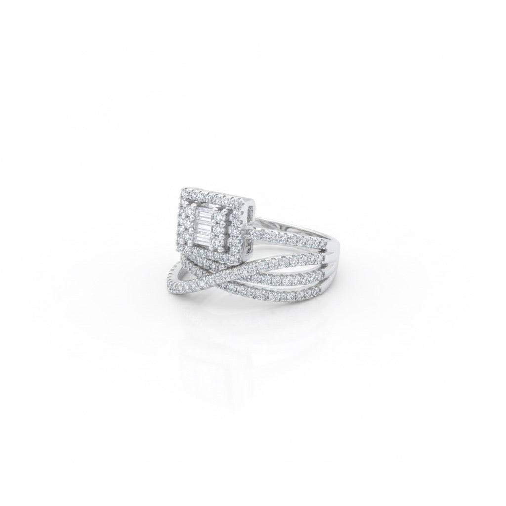Square Halo Baguette Cluster Ring with Crisscross Pavé Band