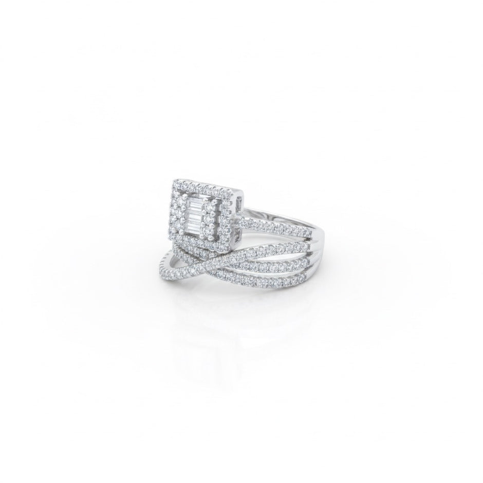 Square Halo Baguette Cluster Ring with Crisscross Pavé Band