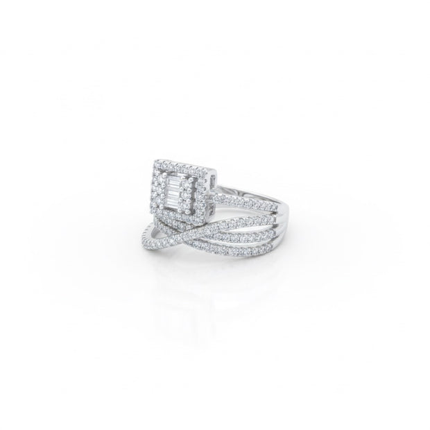 Square Halo Baguette Cluster Ring with Crisscross Pavé Band