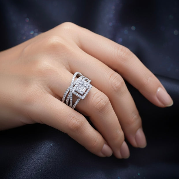 Square Halo Baguette Cluster Ring with Crisscross Pavé Band