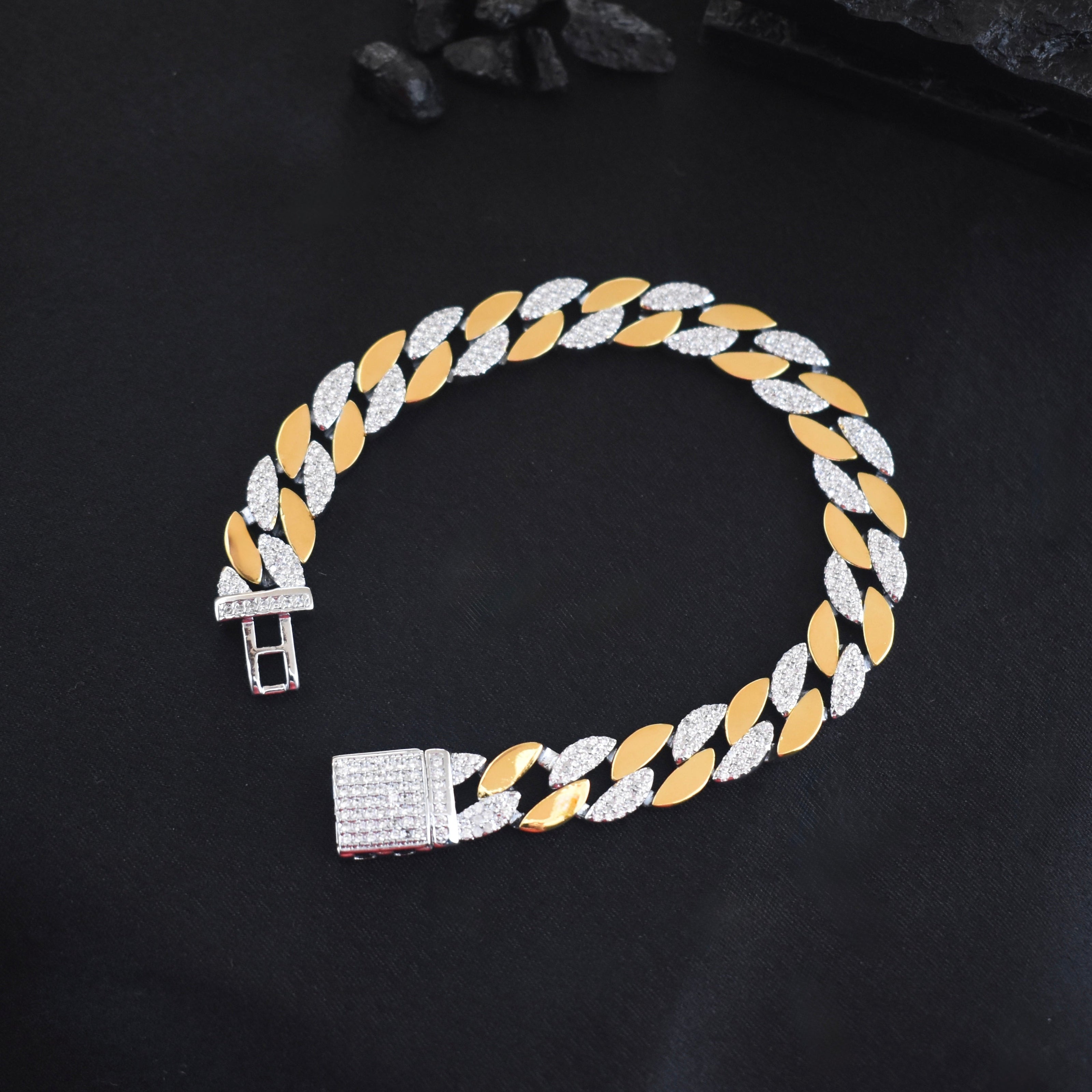 Oval Diamond Cuban Silver Bracelet