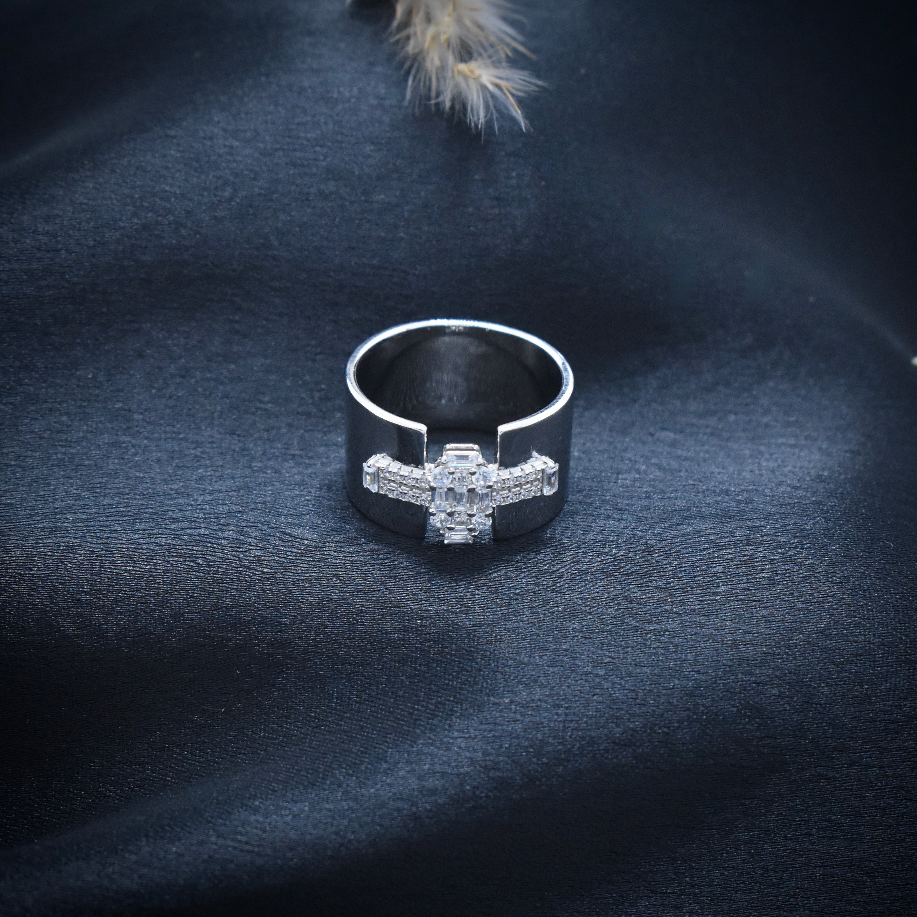 Wide Cuff Baguette Cluster Ring with Pavé Accents