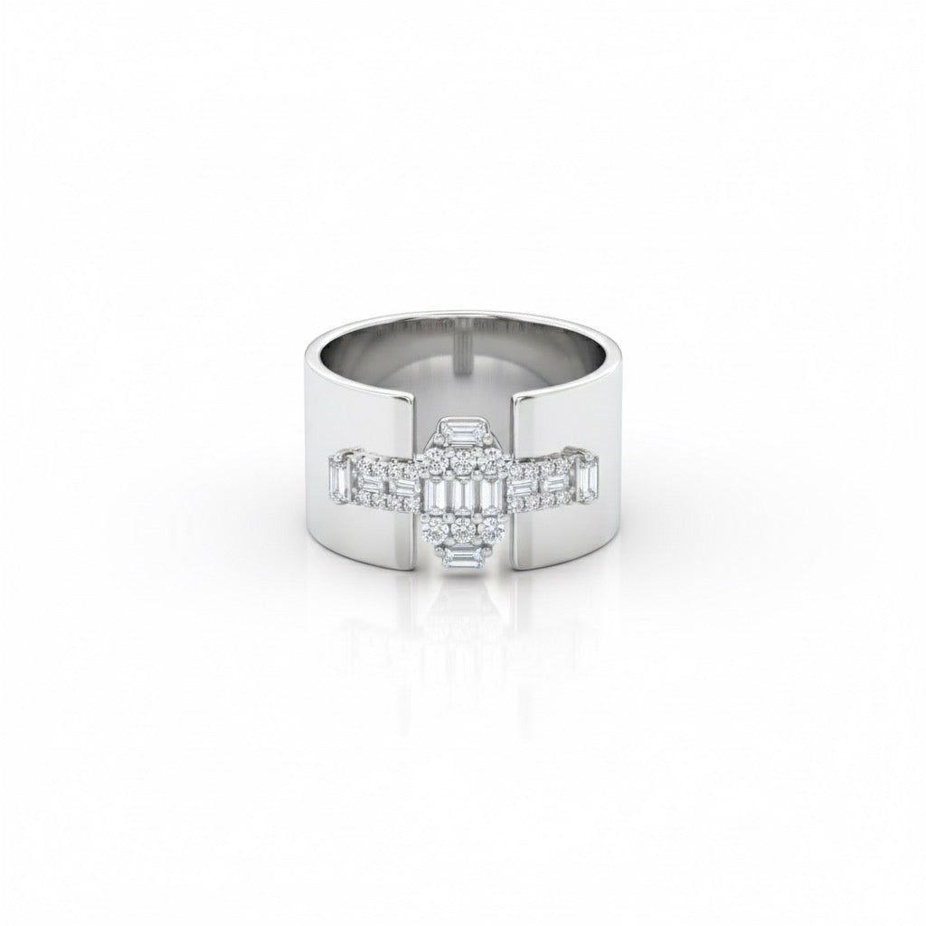 Wide Cuff Baguette Cluster Ring with Pavé Accents