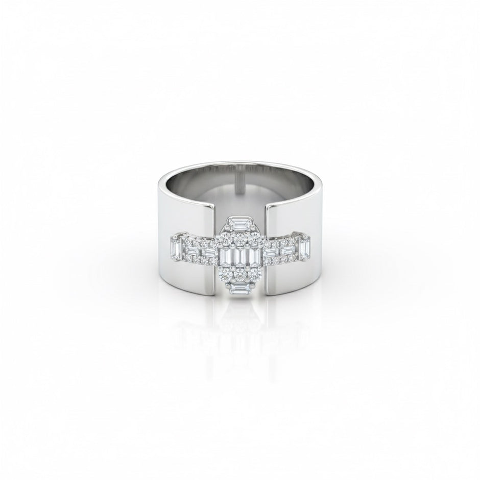 Wide Cuff Baguette Cluster Ring with Pavé Accents