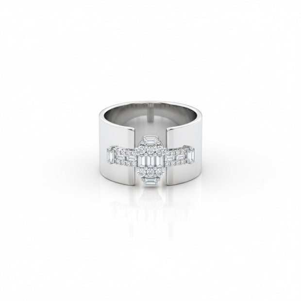 Wide Cuff Baguette Cluster Ring with Pavé Accents