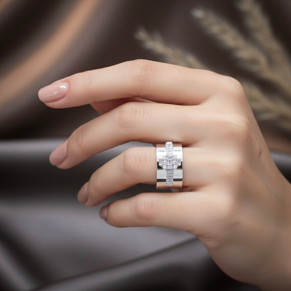 Wide Cuff Baguette Cluster Ring with Pavé Accents