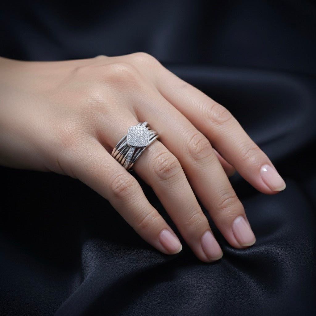 Multi-Band Pavé Cushion Top Ring