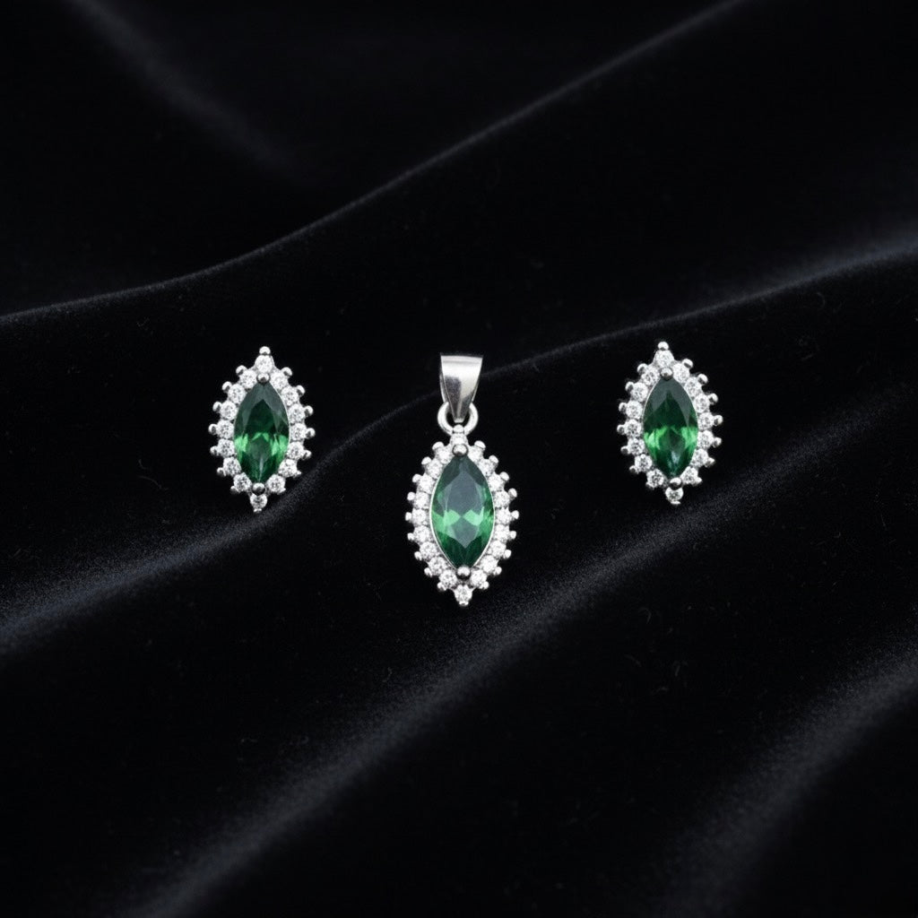 Emerald Look Halo Pendant Set with Chain and Earrings