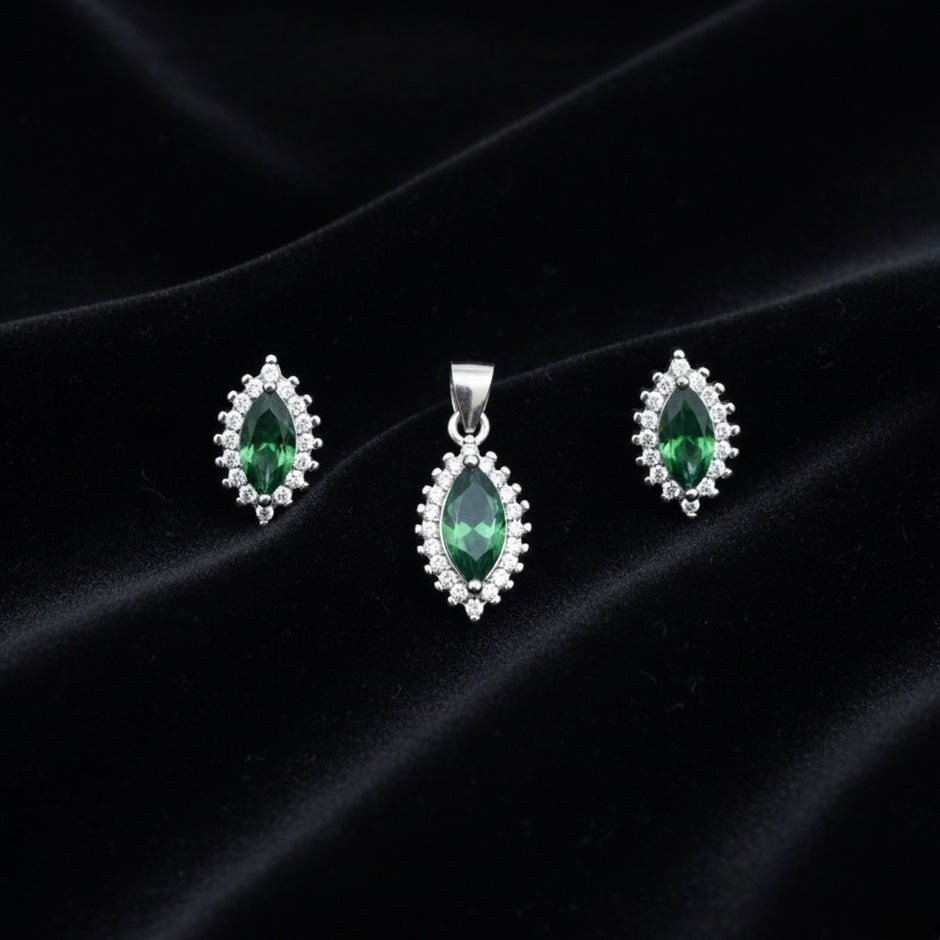 Emerald Look Halo Pendant Set with Chain and Earrings