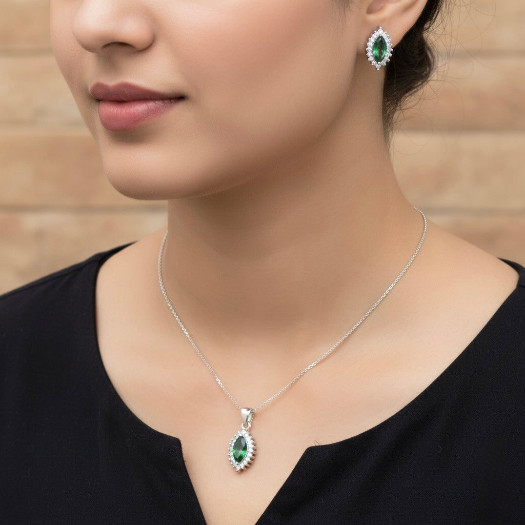 Emerald Look Halo Pendant Set with Chain and Earrings