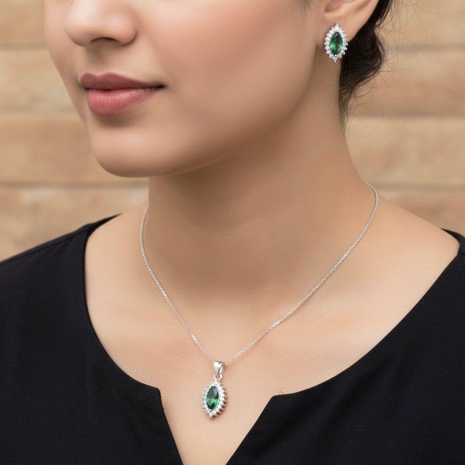Emerald Look Halo Pendant Set with Chain and Earrings