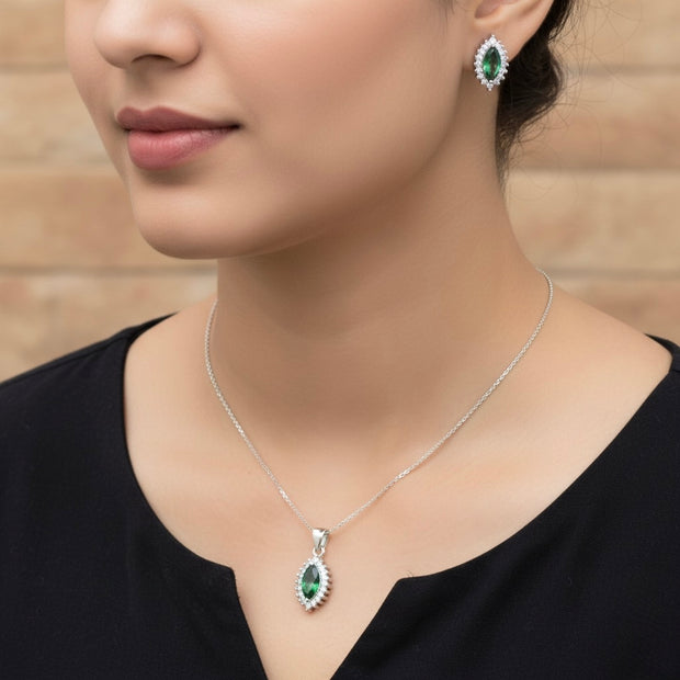 Emerald Look Halo Pendant Set with Chain and Earrings