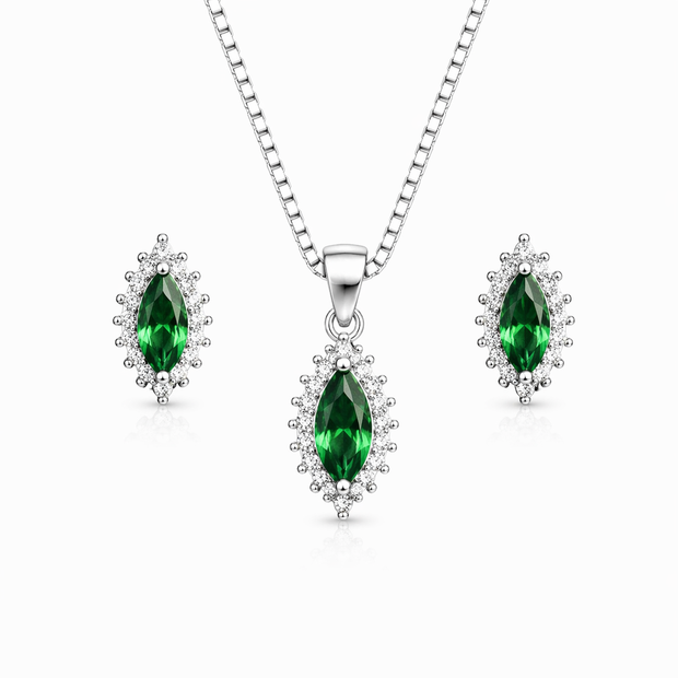 Emerald Look Halo Pendant Set with Chain and Earrings