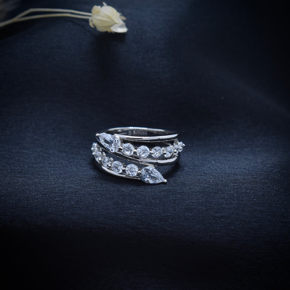 Triple Row Pear & Round Stone Wrap Ring