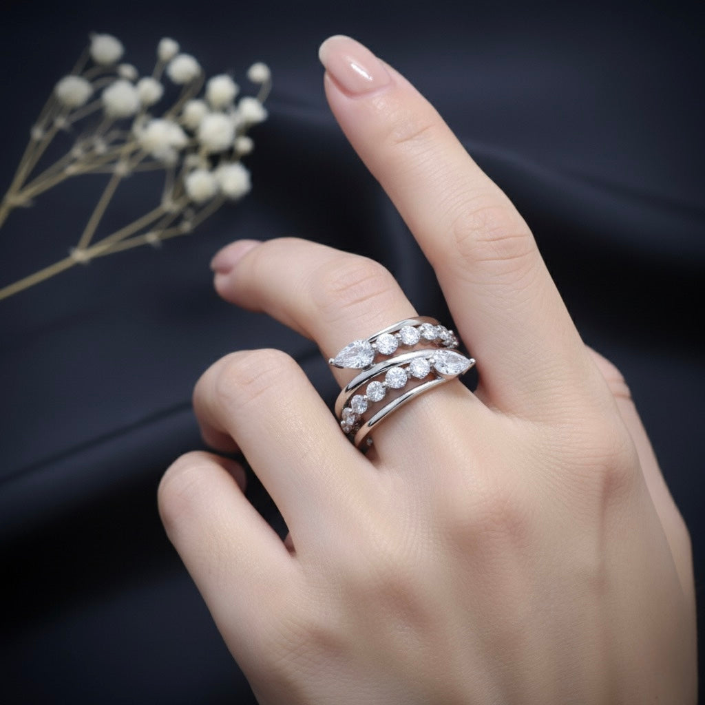 Triple Row Pear & Round Stone Wrap Ring