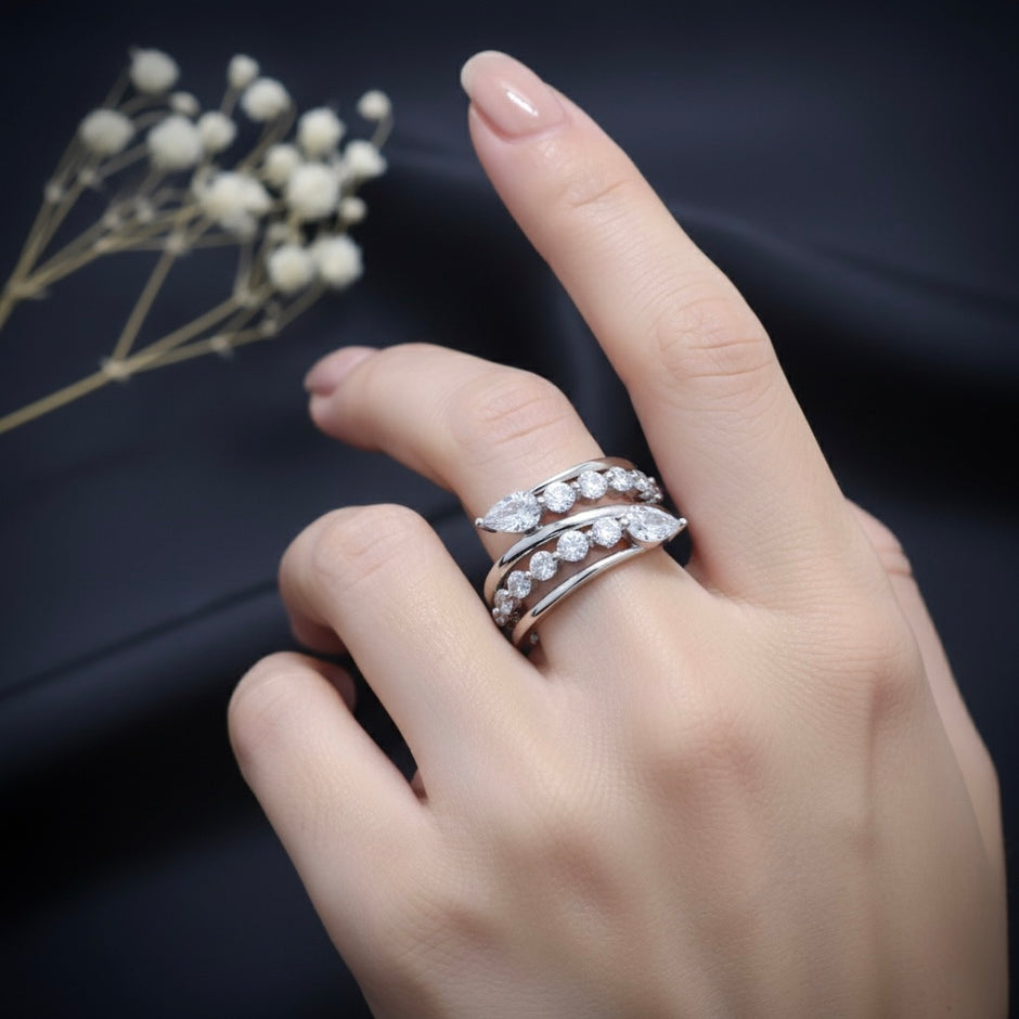 Triple Row Pear & Round Stone Wrap Ring